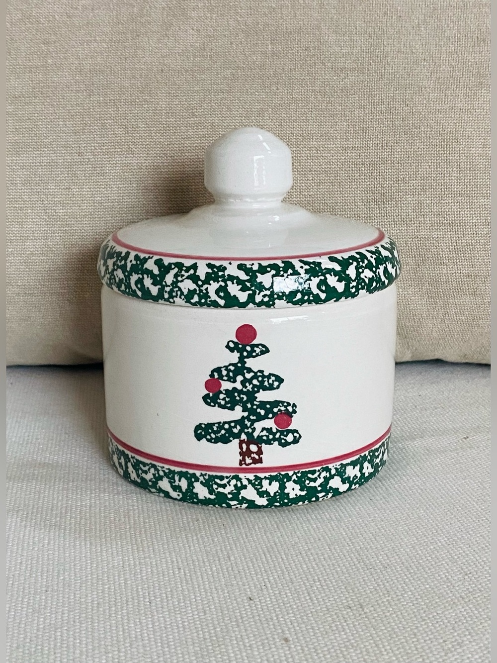 Vintage Furio Home Ceramic Christmas Tree Sugar Bowl with Lid Holiday Spongeware